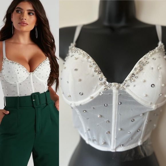 Rhinestone and Pearl Crop Top - Picture 1 of 7